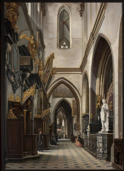 a painting of the interior of a church. the church has high gothic arches and stained glass windows. several figures are walking down a checkered hallway. there are ornate details throughout the church, including statues and decorative elements. the painting utilizes perspective to create depth.