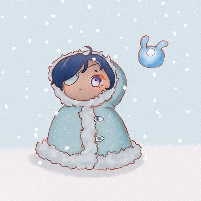 a cartoon anime boy wearing a blue winter coat and standing in the snow. it is snowing and the sky is blue. the boy is looking up and to the right of the image.  a blue bunny is floating in the sky above and to the right of the boy.