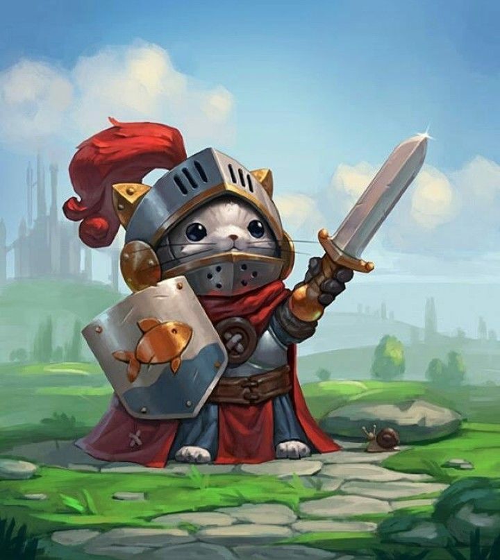 an illustration of a kitten dressed as a knight stands on a cobblestone path in a grassy field. the kitten wears a silver helmet with a red plume, silver armor, and a red cape. it holds a sword in its right paw and a shield with a golden fish emblem in its left paw. a snail is crawling on the ground near a rock. in the background, there is a castle and a blue sky with clouds.
