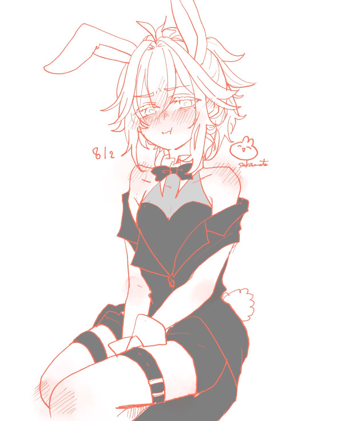 this is a drawing of an anime girl with bunny ears. she is blushing and sitting on the floor. she looks embarrassed and shy. the drawing is done in a simple style with light lines and a bit of shading.