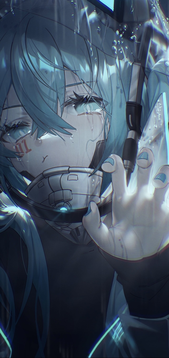a closeup illustration of an anime girl with blue hair and a cyborglike appearance crying in the rain. she is holding an umbrella handle and tears are streaming down her face. her eyes are blue and she has some mechanical elements on her face. the overall mood is melancholic and futuristic.