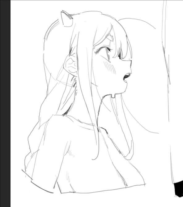 an animestyle sketch of a girl in side profile. she has long hair, cat ears, and is wearing a tshirt. her mouth is open and she appears surprised. she also has a blush on her cheeks.