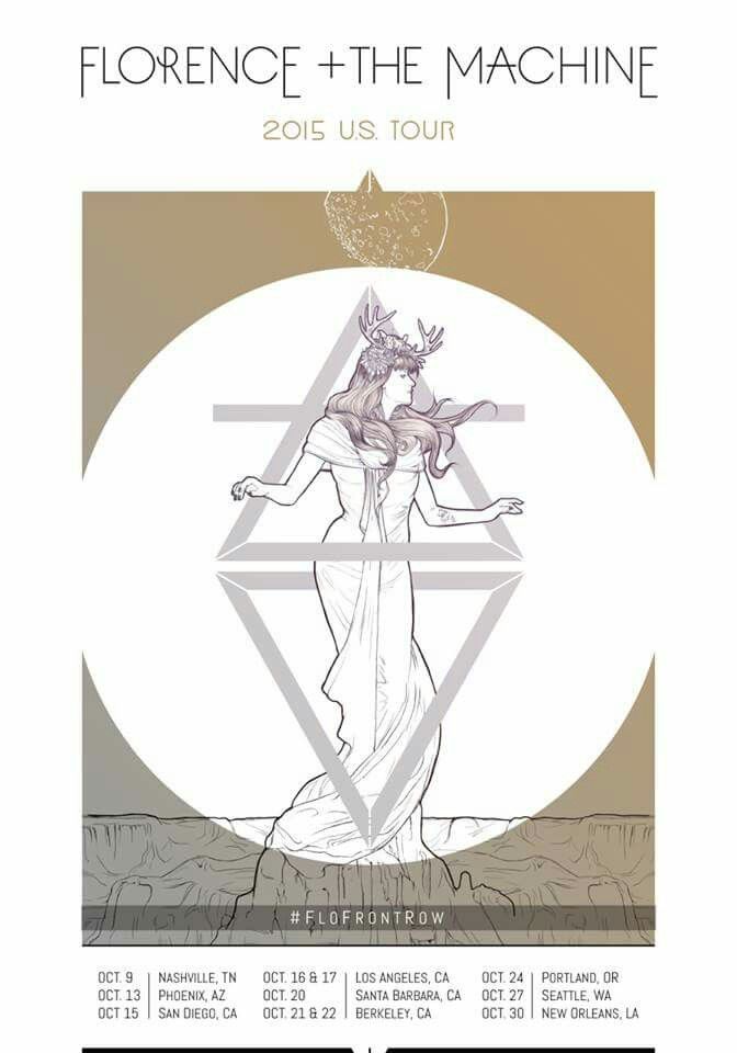 a promotional poster for florence + the machine's 2015 u.s. tour. the poster features a drawing of florence welch with antlers and geometric triangle shapes against a white circle and a goldtoned background with tour dates and locations listed below.