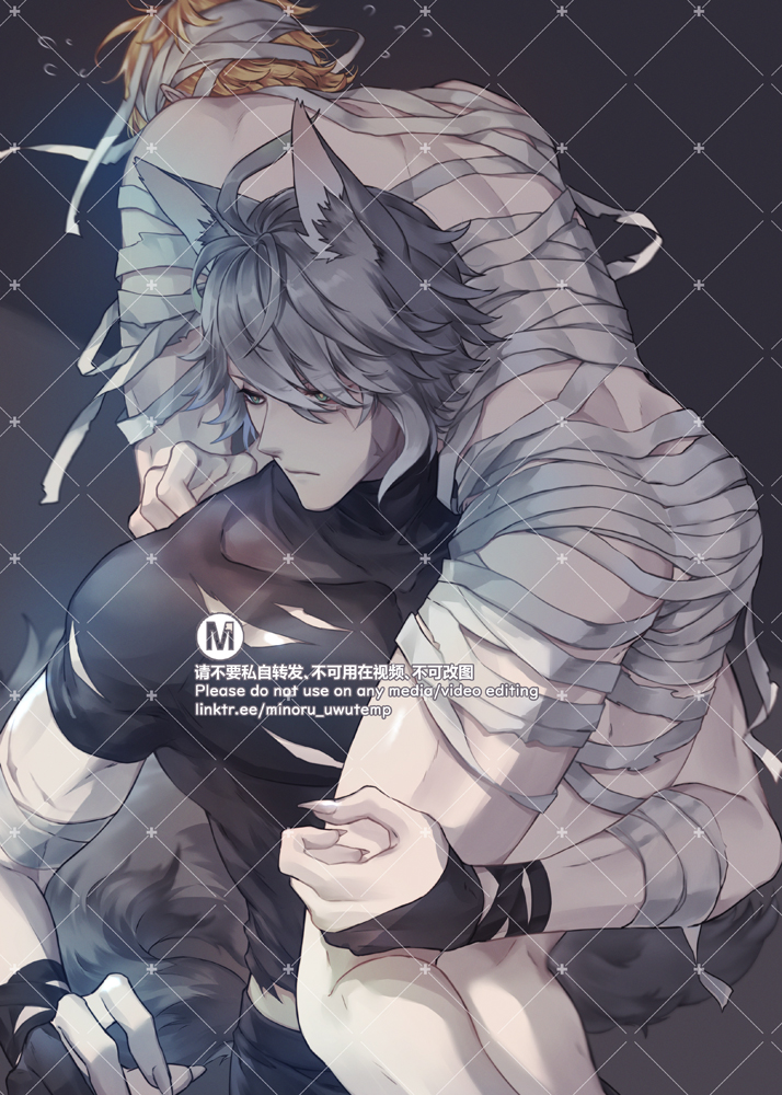 this is a digital illustration of two anime boys. they are both wrapped in bandages and look like they have been injured. the boy on the left is wearing a black shirt and holding the boy on the right who is wearing a white shirt. they are both looking down sadly. the background is dark and the overall feel of the image is somber.