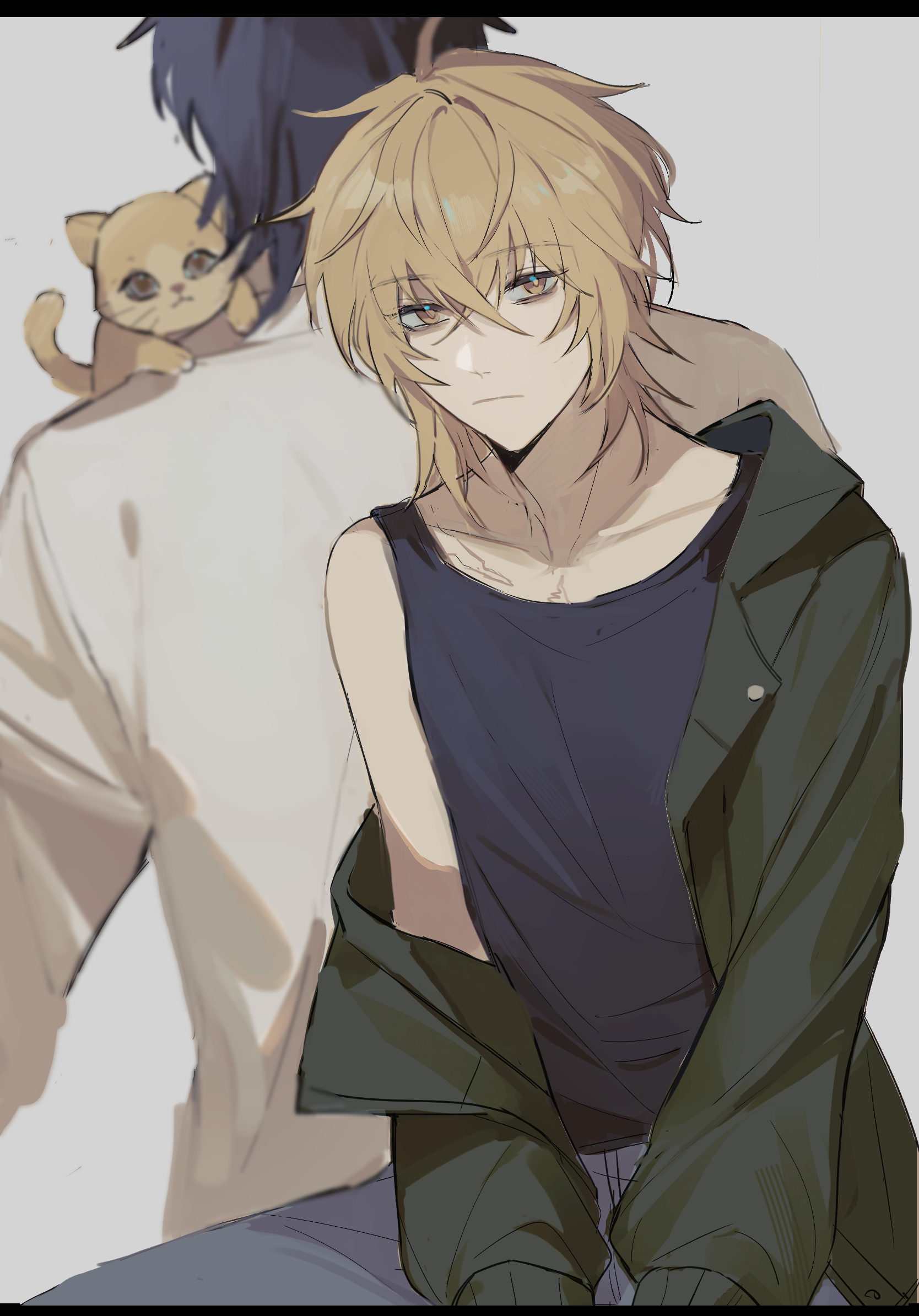 the image is an animestyle illustration of two young men. the focus is on a blondhaired young man in the foreground who is wearing a dark sleeveless shirt and an olive green jacket draped over his shoulders.  a smaller, orange cat is perched on the shoulder of a darkerhaired young man standing behind him, who is partially obscured and appears to be somewhat out of focus. the style is soft and somewhat muted in color. the overall mood is melancholic or pensive.