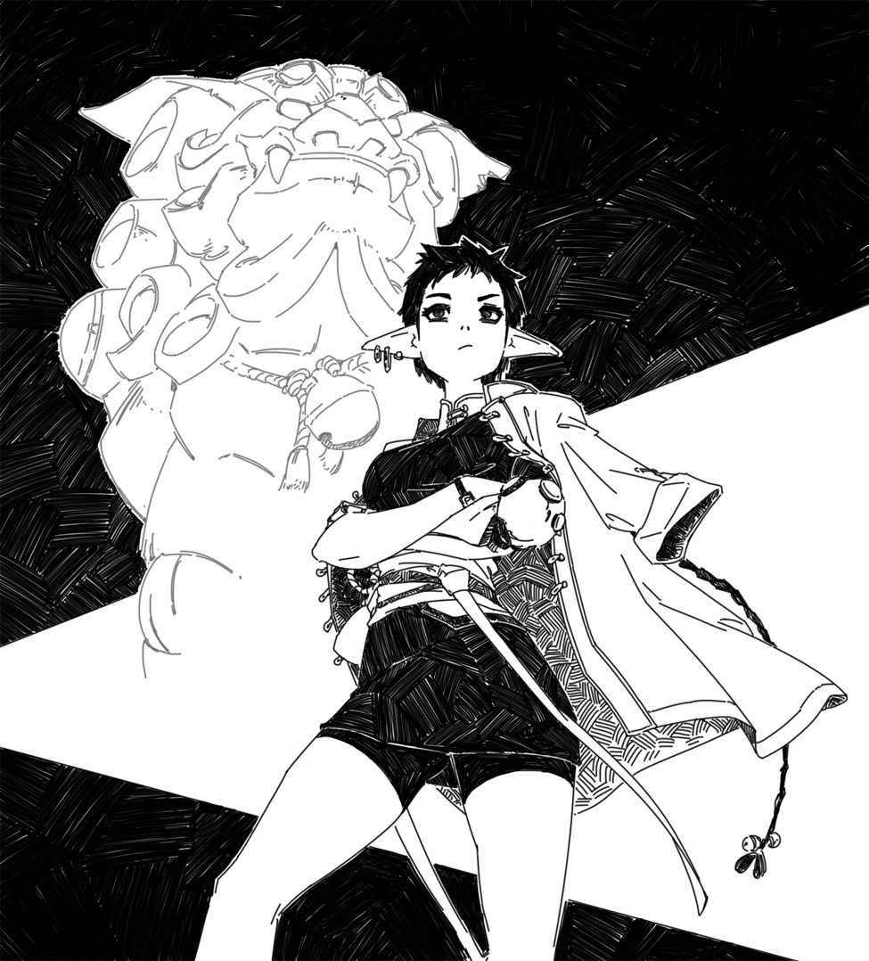 the image is a striking monochrome illustration, likely done in ink or a similar medium, showcasing a young woman with elflike pointed ears. she's dressed in a blend of traditional asianinspired attire and modern elements, including a loosefitting coat and short shorts.  a katana or similar sword is partially visible, strapped to her waist. her pose is dynamic and confident, suggesting a sense of power.  behind her, partially obscured, is a large statue resembling a guardian lion (shisa or komainu). the background is dark and textured, adding to the dramatic mood. the overall style leans towards anime or manga aesthetics. the artwork exhibits strong line work and skillful shading.