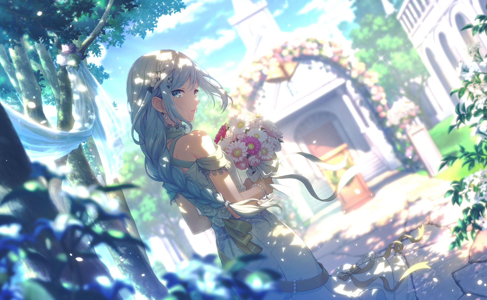 an anime girl in a light blue wedding dress holding a bouquet of flowers stands in a garden with a church in the background. the scene is bathed in sunlight with trees framing the view. she has white hair with a blue tint, blue eyes, and is wearing earrings. the dress has ribbons and lace details. she is braided her hair with flower hair decoration.