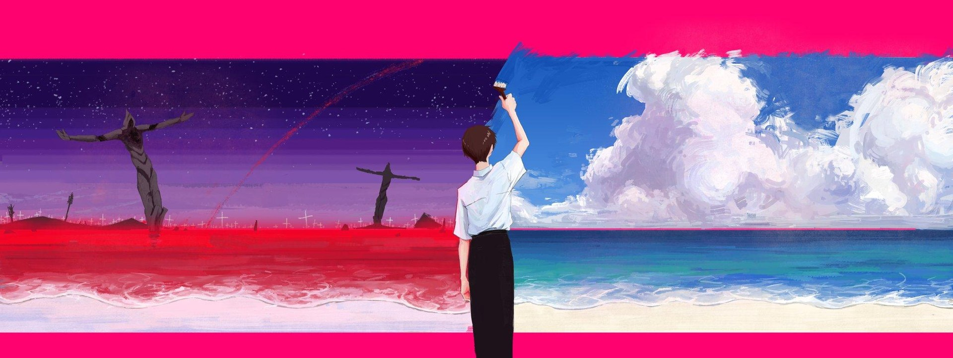 an anime character in a white shirt and black pants is painting a blue sky with clouds and a beach with white sand and blue water. the painting is on a pink background with a red sea, and the silhouette of a person with arms outstretched above the sea.