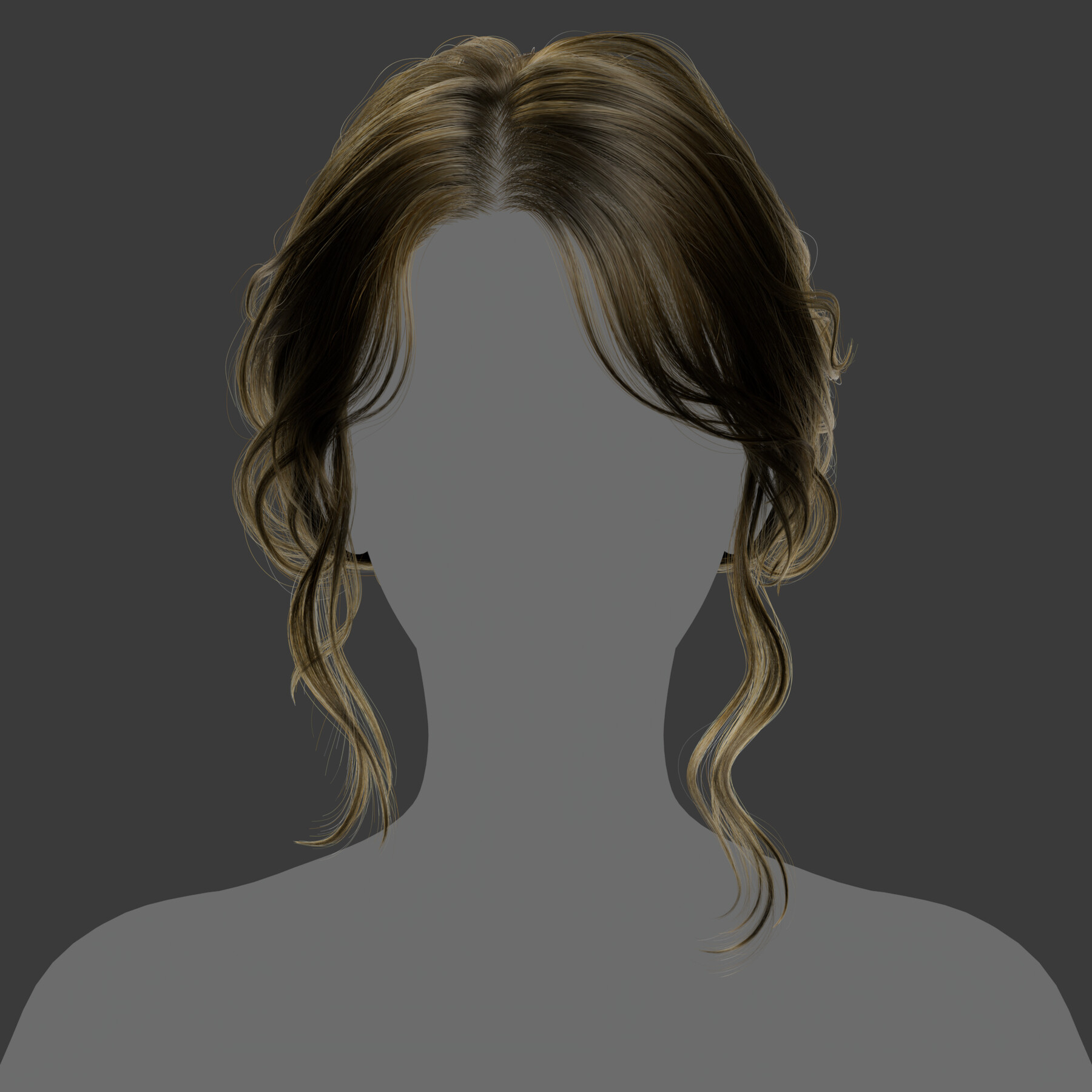 a closeup portrait of a woman with long brown and blonde curly hair parted to the side. the woman is looking straight ahead, but her face is not visible.