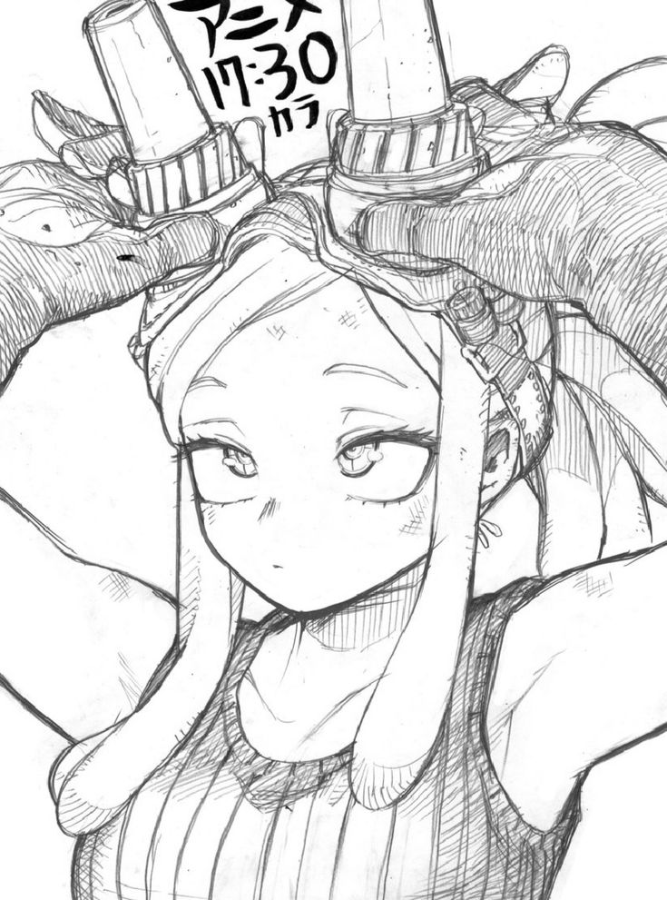 a black and white drawing of a young woman with long, straight hair and large eyes. she's wearing a tank top and headband, and her hair covers most of her face. she has large goggles over her eyes. the drawing is a sketch style.