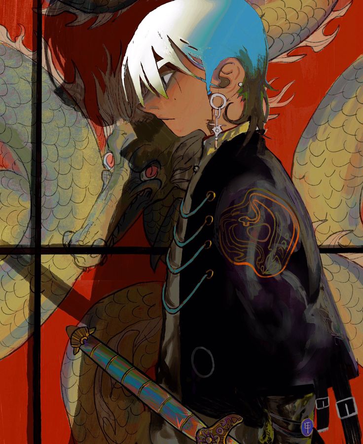 the image is an illustration of a young anime or mangastyle character with white and blue hair, several earrings, and wearing a black kimono. the character has a sword at their waist. behind them is a red background with an illustrated orientalstyle dragon. the overall style is colorful and detailed.