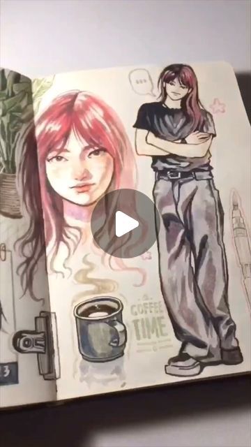 the image shows an open sketchbook with several illustrations drawn inside.  the most prominent are two female figures rendered in a style reminiscent of manga or anime.  one is a closeup portrait of a girl with long pink hair, and the other is a fullbody depiction of a woman with long dark hair, wearing a dark top and grey pants. there's also a drawing of a mug of coffee and text that reads "coffee time." the style is loose and expressive, using watercolor or waterbased media for its soft textures and blended colors. the overall mood is relaxed and artistic. the sketchbook is partially open, revealing other elements, like a drawing in the bottom left corner that is partially obscured.  a binder clip is attached to the sketchbook.
