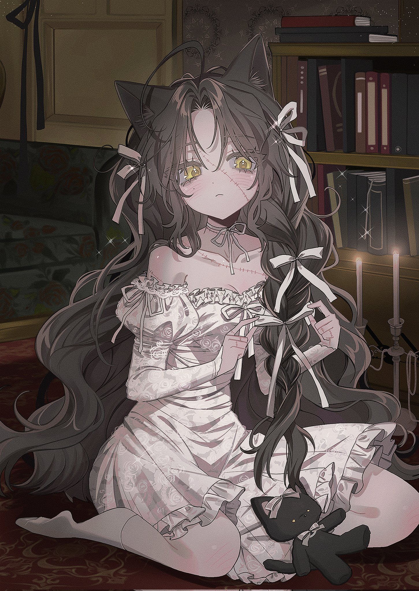 an anime girl with black cat ears, wearing a white dress and black ribbons, is sitting on the floor in front of a bookshelf. she is holding a plush black cat doll and has a sad expression on her face. there are candles on the bookshelf. the room is dimly lit.