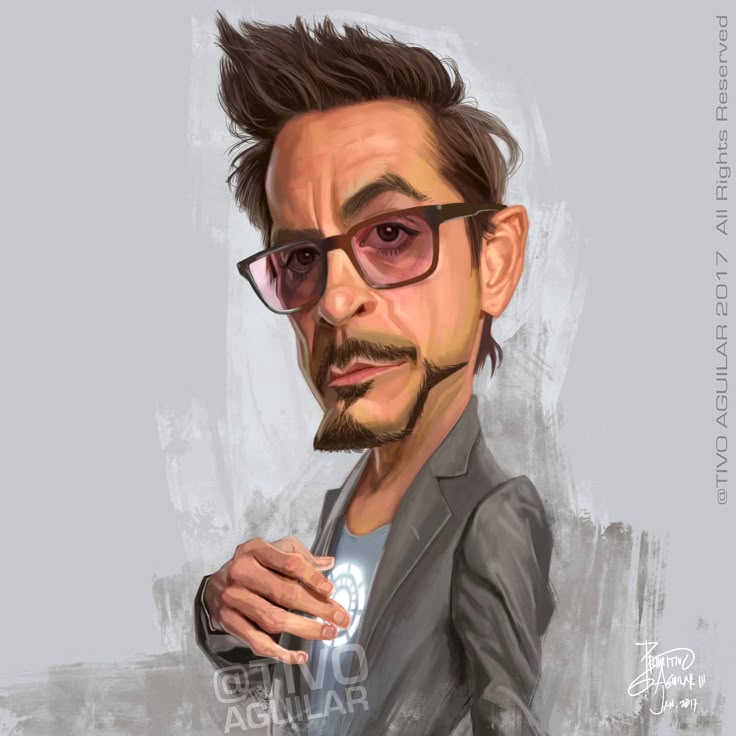 a caricature of robert downey jr. as iron man, featuring exaggerated facial features such as a large nose and ears. he is wearing glasses and a suit, with his signature facial hair. his hand is placed over his chest, displaying the arc reactor. the background is a neutral gray.
