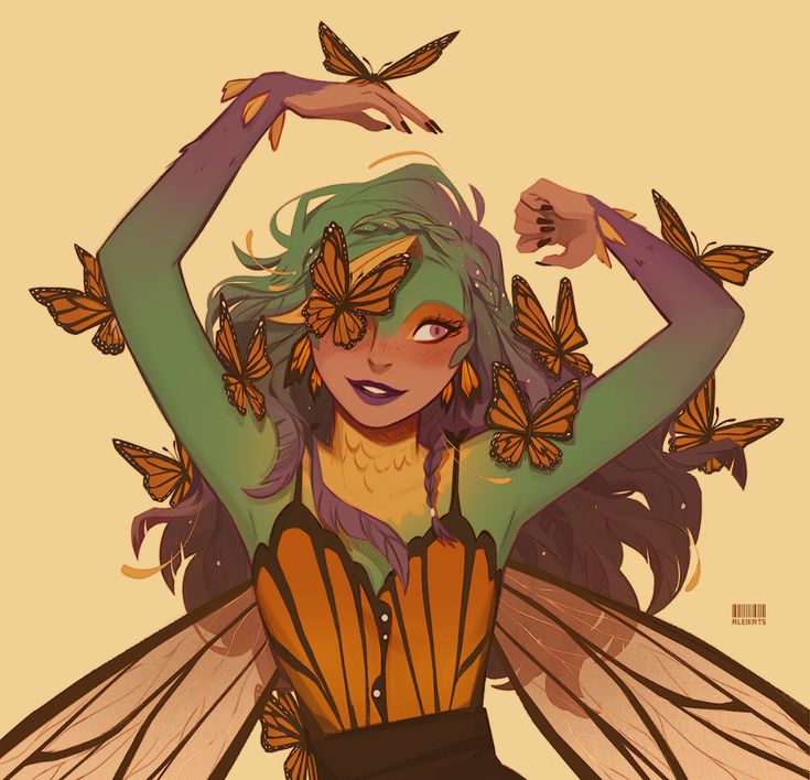 this digital illustration depicts a beautiful fairy with green skin and long purple hair. she is surrounded by monarch butterflies in various poses, some fluttering around her head and others clinging to her arms and body. her outfit is a black bodice with a layered orange skirt, which resembles the wings of a butterfly.  the fairy has an ethereal glow, as though she is about to take flight. the background is a warm yellow color, creating a sense of enchantment. this image is a magical and whimsical representation of nature's beauty.