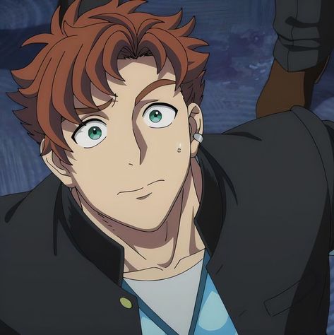 the image features a young man with distinctive auburn hair and bright green eyes. he appears surprised or startled, his eyebrows raised and his gaze directed upwards. he has a light complexion and a small, silver earring in his left ear. he's wearing a black jacket with a teal collar and a light blue undershirt with a white pattern. the background suggests a dimly lit, outdoor environment, possibly a cave or a rocky area, with cooltoned lighting emphasizing the blue and gray hues. the perspective is slightly from below, making the character appear larger and adding to the sense of his surprise.  content: portrait people: young man environment: outdoor possibly a cave or rocky area lighting: dimly lit cooltoned perspective: low angle kw: anime surprised startled   closeup aubun hair green eyes earring cool tones
