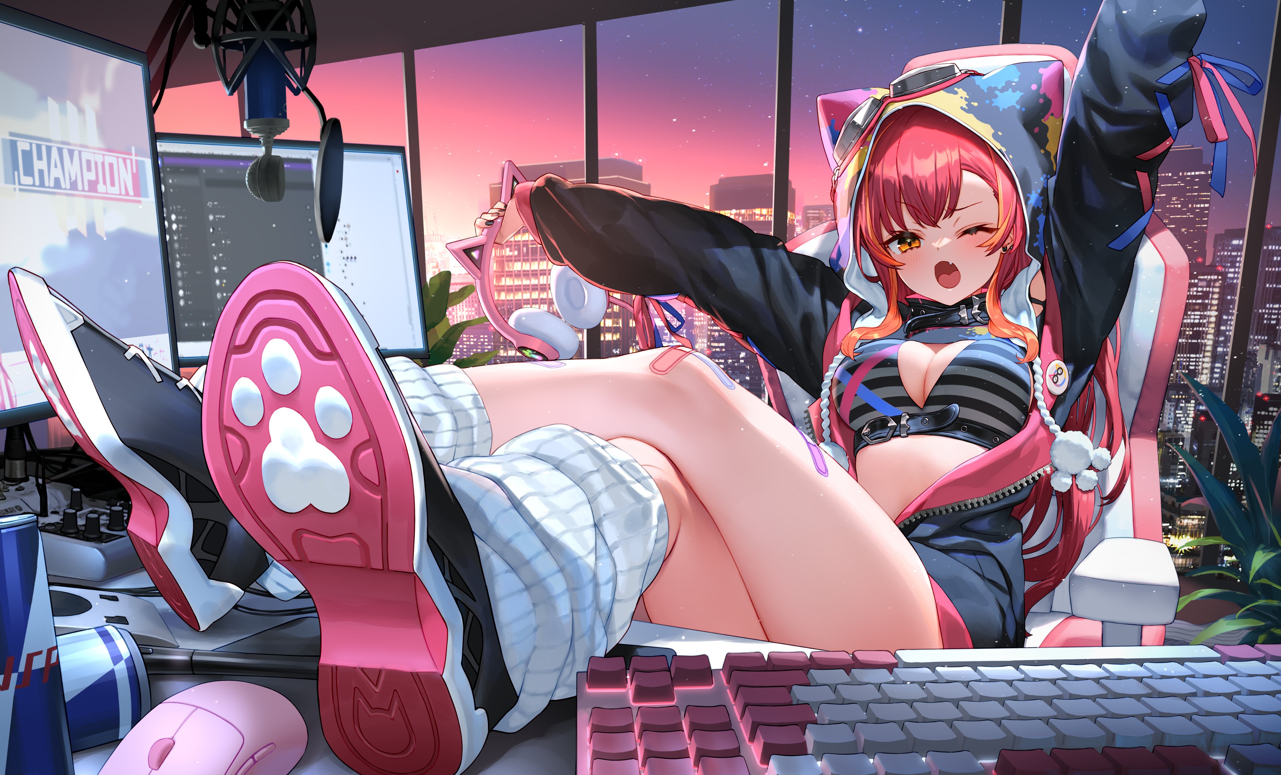 he image is a digital illustration of an animestyle gamer girl. she has long red hair with cat ears on her hoodie, and is wearing a pink and black outfit. she's sitting in a pink gaming chair in front of a computer setup, with energy drinks visible.  the background shows a city skyline at night. she appears relaxed and confident, with her legs crossed and her feet up on the desk. her headphones are resting on the desk next to her.  the overall style is vibrant and energetic.