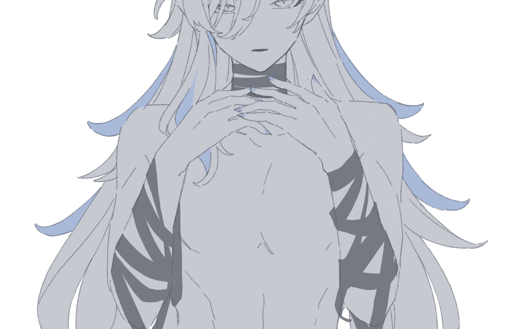 the image is a stylized line drawing or sketch of an animestyle male character. he has long, flowing white hair with subtle blue highlights and is depicted from the chest up.  his hands are clasped together in front of his chest, and he appears to be barechested, though there are hints of clothing around his arms with a dark striped pattern.  the style is somewhat abstract and ethereal, with a grayscale palette and delicate lines creating an elegant and somewhat mysterious mood. the overall aesthetic suggests a character from a manga or anime.
