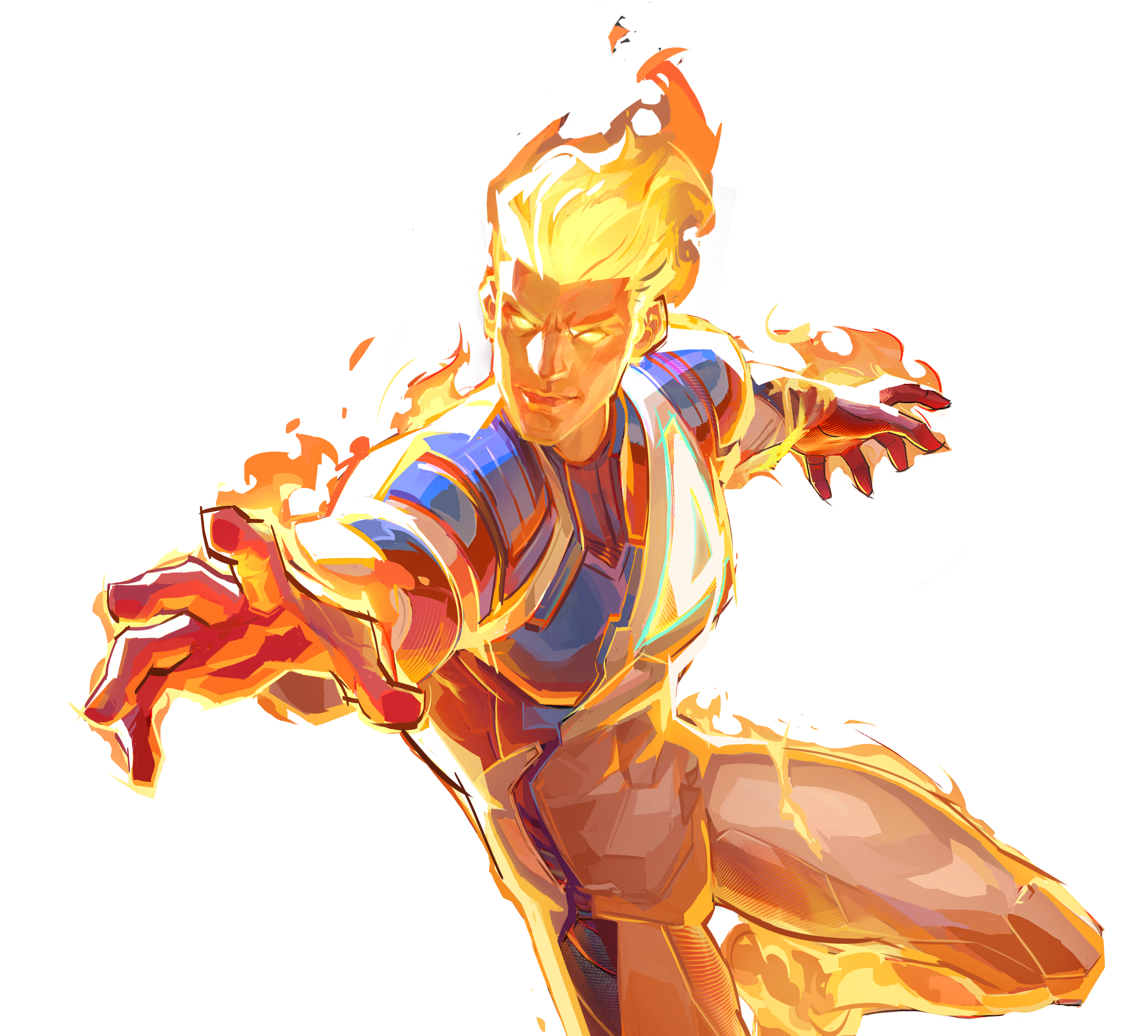 illustration of human torch, a comic book superhero from marvel comics, engulfed in flames. he's in a dynamic pose, reaching forward with fire on his hands. the style is stylized with strong lighting and shadows.