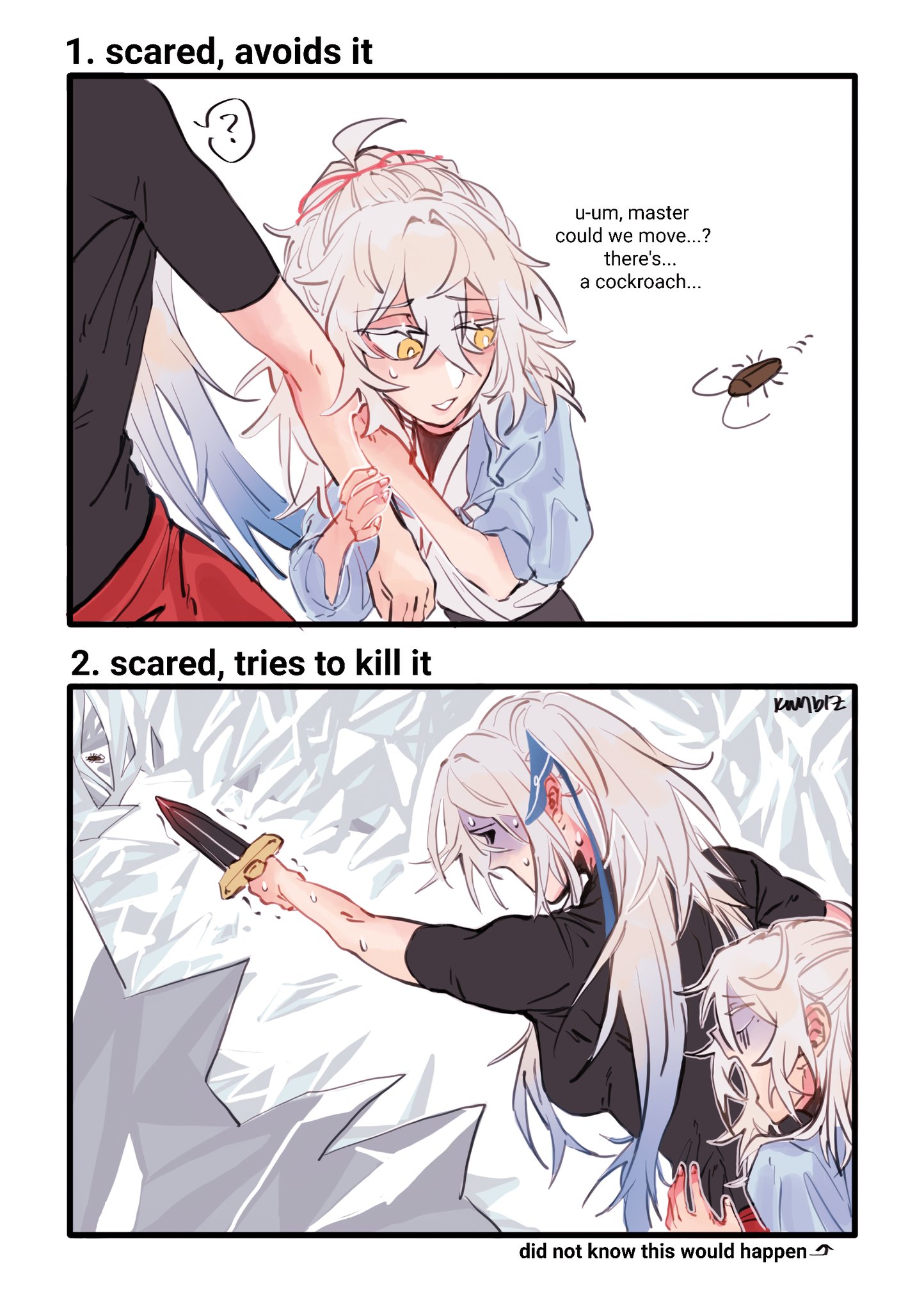 the image depicts a humorous scene featuring two anime characters, one with white hair and one with white hair. the first panel shows the whitehaired character being scared of a cockroach and the second panel shows the whitehaired character trying to kill it with a knife. the text in the image is in japanese, but the english translation can be understood from the context. the art style is similar to that of popular anime and manga series.