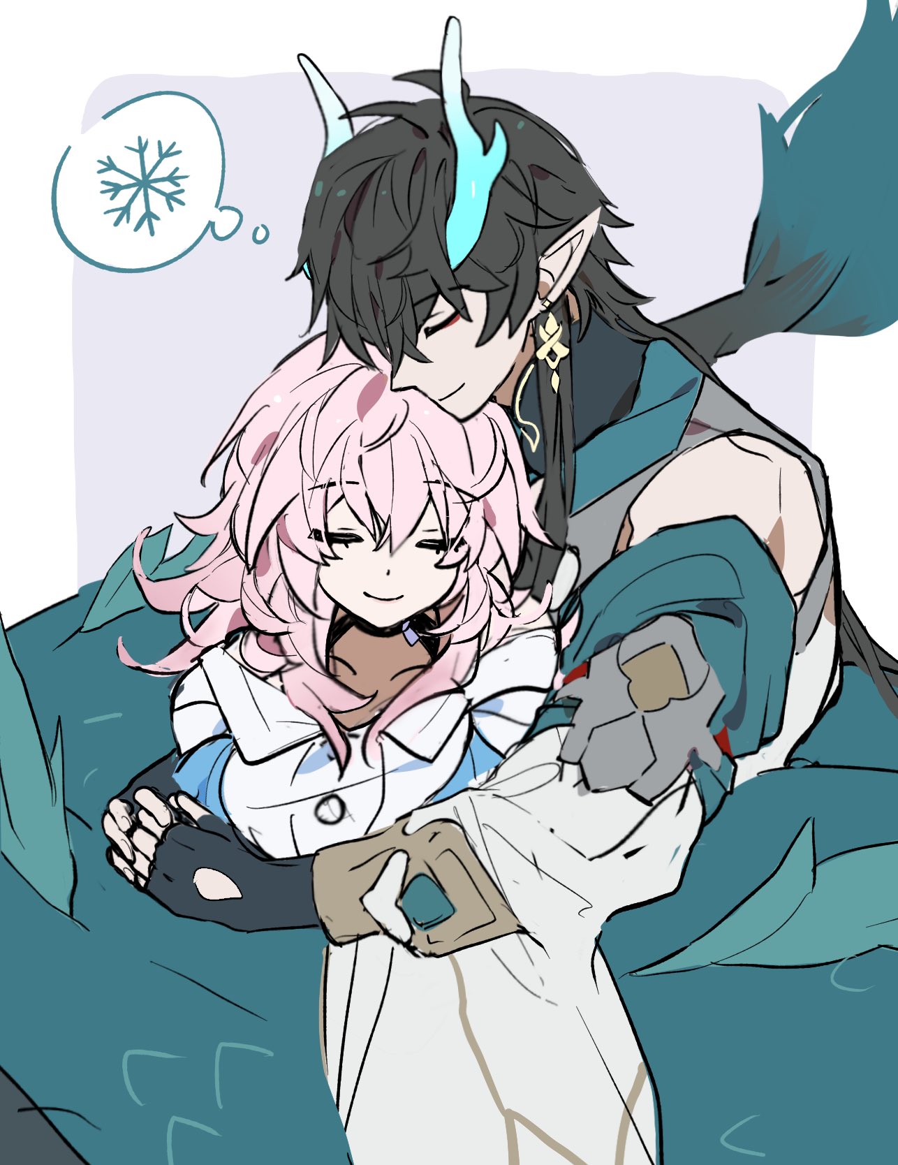 an anime illustration of two characters, a male with blue hair and a female with pink hair, hugging each other. the male has a snowflake in his thought bubble. the scene is warm and comforting, showing the couple's love and affection for each other.