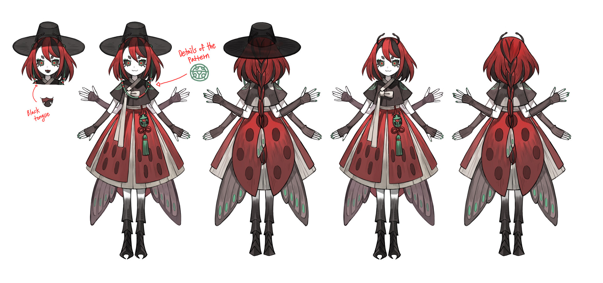 this image showcases a character design concept of a young woman with insectlike features, blending korean traditional clothing with a ladybug motif.  she wears a red and black hanbok stylized to resemble a ladybug's shell, with large spotted wings protruding from her back. her accessories include a traditional korean gat (hat) and black boots.  the character possesses small black horns and her design incorporates elements of korean culture and insect anatomy, creating a whimsical and unique aesthetic.  the illustration provides front, back and side views to showcase the details of the design.