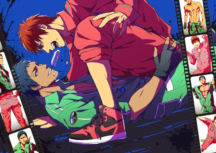 the image is vibrant fanart depicting akashi seijuro and kuroko tetsuya from the anime kuroko's basketball in a passionate and intimate embrace. akashi, with his signature red uniform, is positioned atop kuroko, who is wearing a green uniform. their expressions are intense and suggestive, hinting at a romantic or sexual relationship. the background features a filmstripstyle collage of other characters in various poses, adding a dynamic and stylistic element to the artwork. the overall style is highly graphic and stylized, reflecting the anime's aesthetic. the color palette is bold, using contrasting reds and greens to highlight the characters' interactions. the artwork is likely fanmade, given its style and subject matter, which goes beyond the scope of the official source material.