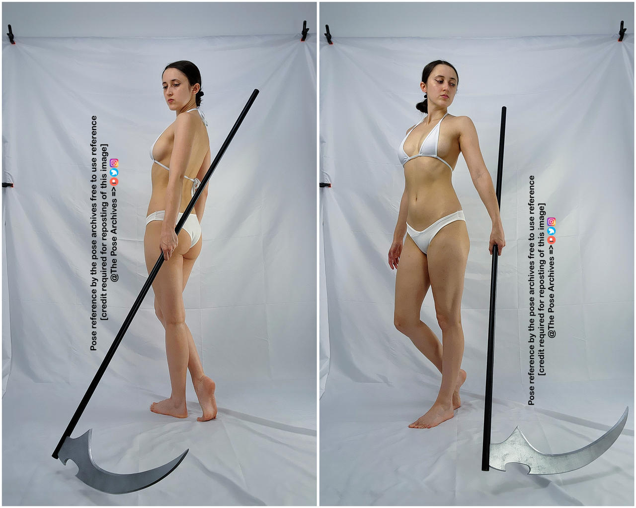 a woman in a white bikini poses with a large scythe against a white background. two versions of the pose are shown sidebyside.  the image includes text indicating that it's intended as a pose reference and requests credit if reposted.