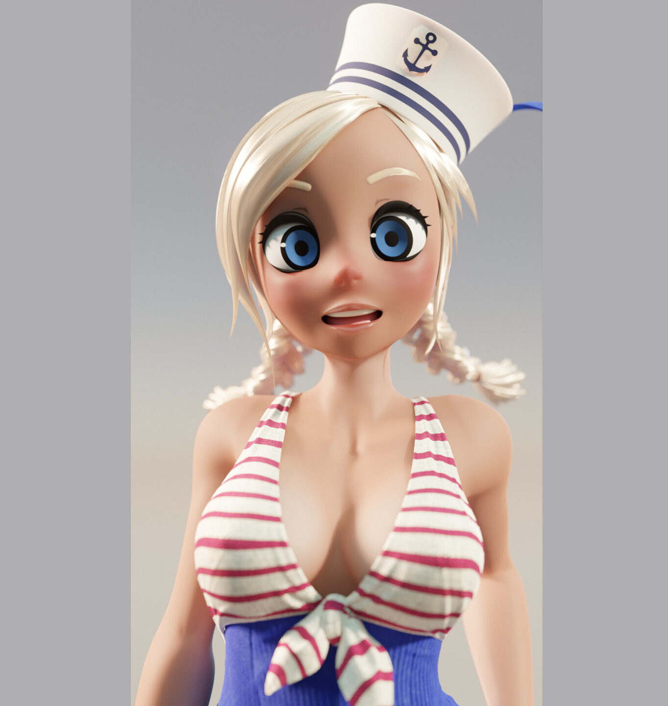 a digital illustration of a cartoon girl wearing a sailor hat and dress. her hat has a blue anchor design. she has blue eyes and blonde hair. she has a red, white, and blue dress and appears to be posing for the camera.  she is rendered in a 3d digital style with very realistic details.