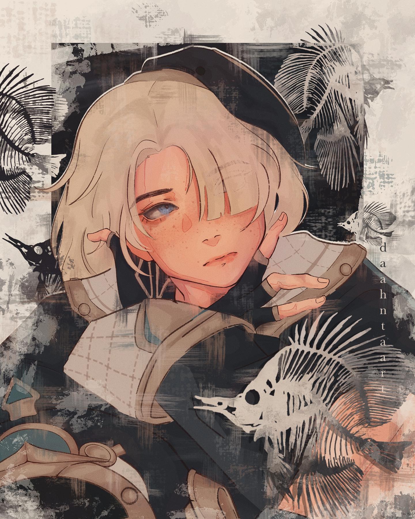 the image is a digital fanart depicting a stylized animestyle character portrait. the character has shoulderlength blonde hair, pale skin, and blue eyes. they're wearing a darkcolored outfit with light beige accents that resembles a fantasystyle military uniform or jacket. a beret sits on top of their hair, partially obscuring their forehead. the character has subtle freckles on their face, and their expression is somewhat melancholic or introspective.  the background features a grungelike textured style with various elements including stylized fish skeletons, resembling decaying flora and fauna which give an overall impression of a decaying or watery environment.  a signature "daahntaa" is subtly present on the right side. the overall aesthetic is whimsical, blending fantasy elements with a touch of art nouveau influence.