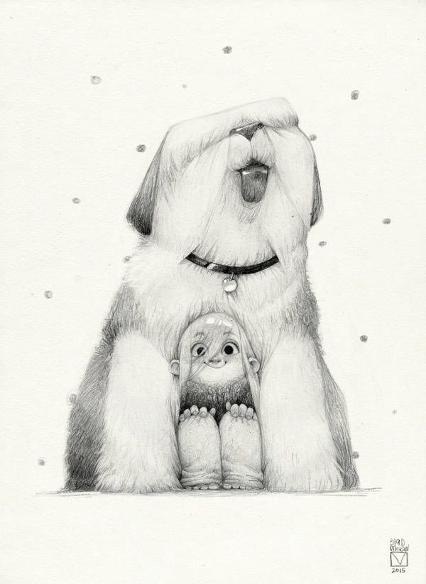 a pencil drawing of a large old english sheepdog with a small child nestled between its front legs. the dog is panting and appears happy. the child is also smiling. the drawing has a grainy texture and there are dots scattered throughout, resembling snow. the dog is wearing a collar with a pendant.