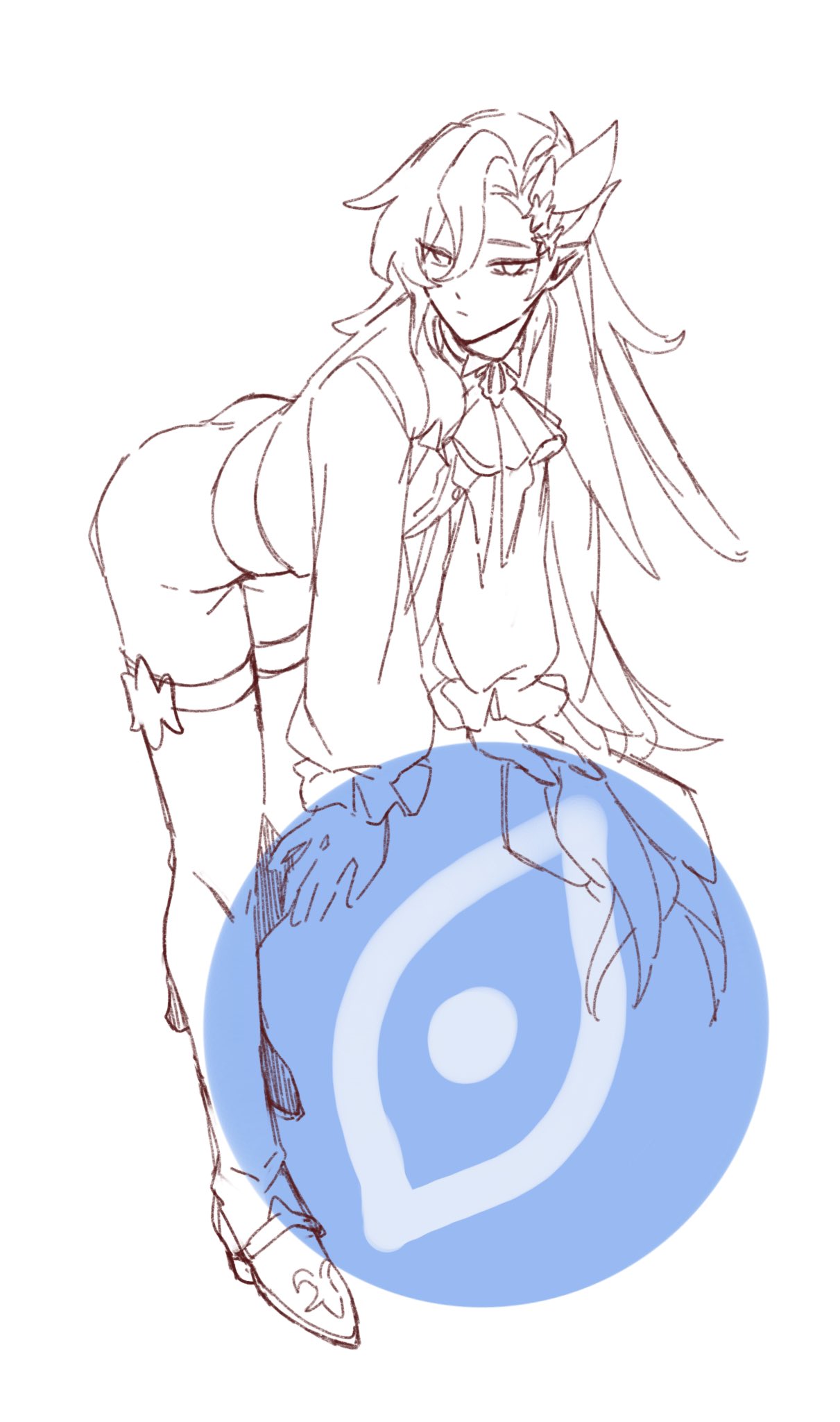 the image is a digital sketch of an animestyle female character. she has long, flowing hair, horns, and is wearing elegant clothing.  she's positioned in a dynamic pose, leaning against a light blue circle that resembles a stylized eye or symbol. the art style is loose and expressive, characteristic of concept art or character design sketches. the overall color scheme is muted, with the character drawn in reddishbrown and the background circle in pale blue.