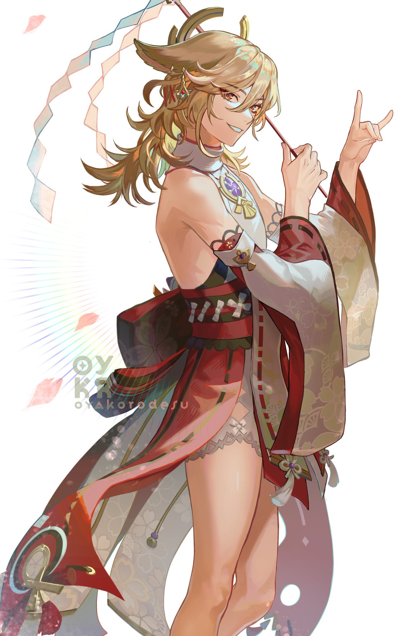 this is a digital illustration of an anime girl with long blonde hair wearing a red and white kimono. she is holding a stick with a colorful ribbon attached to the end, and she is smiling and looking at the viewer. the background is a soft, dreamy light, and the image is very bright and colorful. the girl is very beautiful, and the image gives a sense of whimsy and magic.