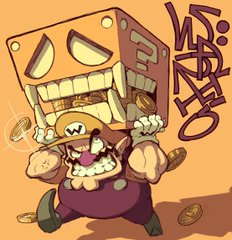 this is a stylized illustration of the video game character, mario. however, in this version, he is being controlled by a cubic, monsterlike entity.  the monster has jagged teeth made of gold coins, and mario himself appears slightly manic. the dominant color palette leans towards warm oranges and yellows.  it is fan art, potentially riffing on the idea of mario as a possessed or manipulated character.