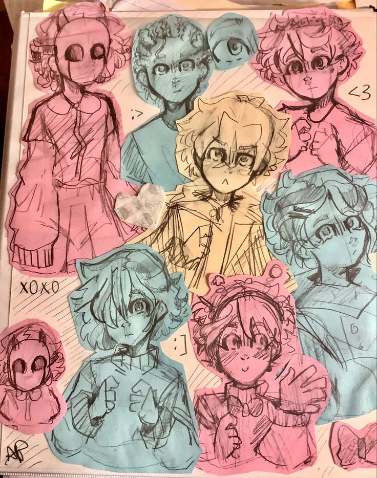 this is a colorful drawing of multiple cartoon characters drawn on a piece of paper with a pen.  the characters appear to be from a manga or anime style.  one of the characters has a heartshaped eye.