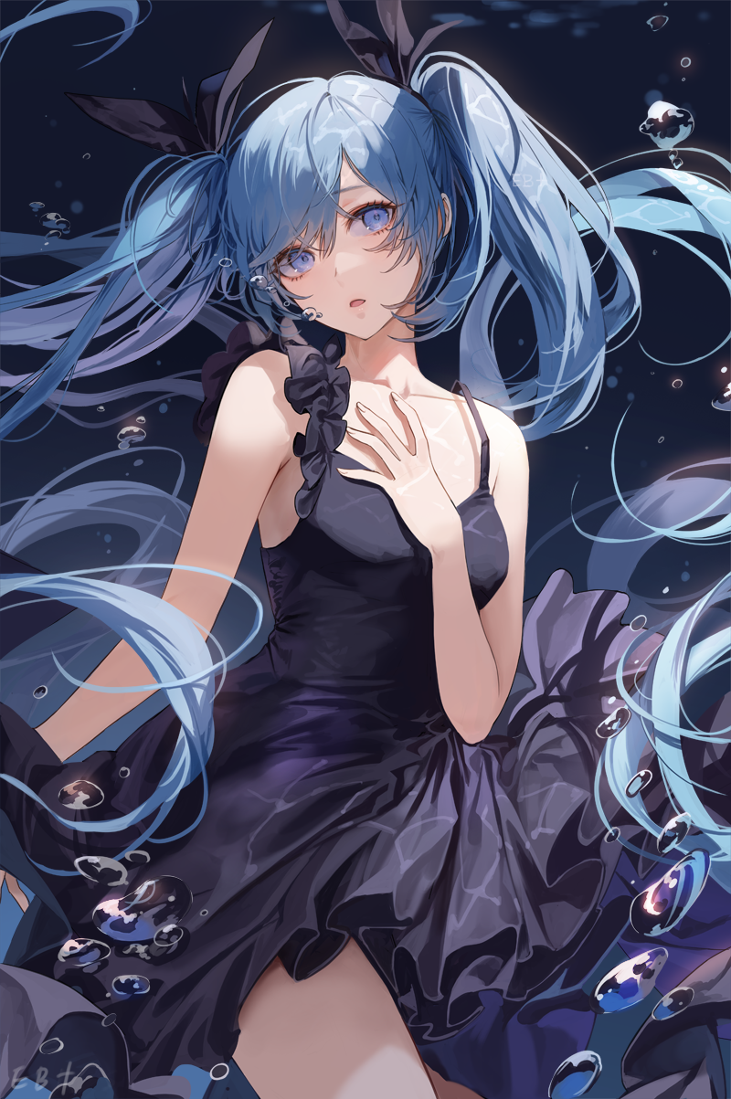 the image is a digital illustration featuring an animestyle depiction of a girl who strongly resembles hatsune miku. she has long, flowing teal hair styled in twintails with black ribbons. she is wearing a darkcolored, elegant dress that appears to be flowing gently. the girl has a somewhat melancholic expression with subtle tears visible.  the background suggests an underwater setting, with numerous bubbles surrounding her. the overall mood is serene yet tinged with sadness or mystery. the artist's style is detailed, emphasizing soft lines and shading to create a visually appealing and emotionally evocative piece.