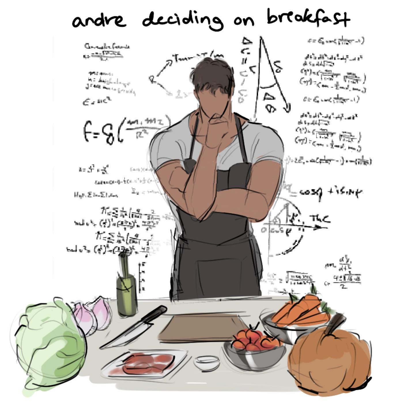 a sketch of a man standing in a kitchen deciding on breakfast. he is wearing an apron and is standing in front of a kitchen counter with a variety of ingredients in front of him, including a pumpkin, tomatoes, carrots, and cabbage. the man is thinking deeply about what to make. there is a background of math equations behind the man.