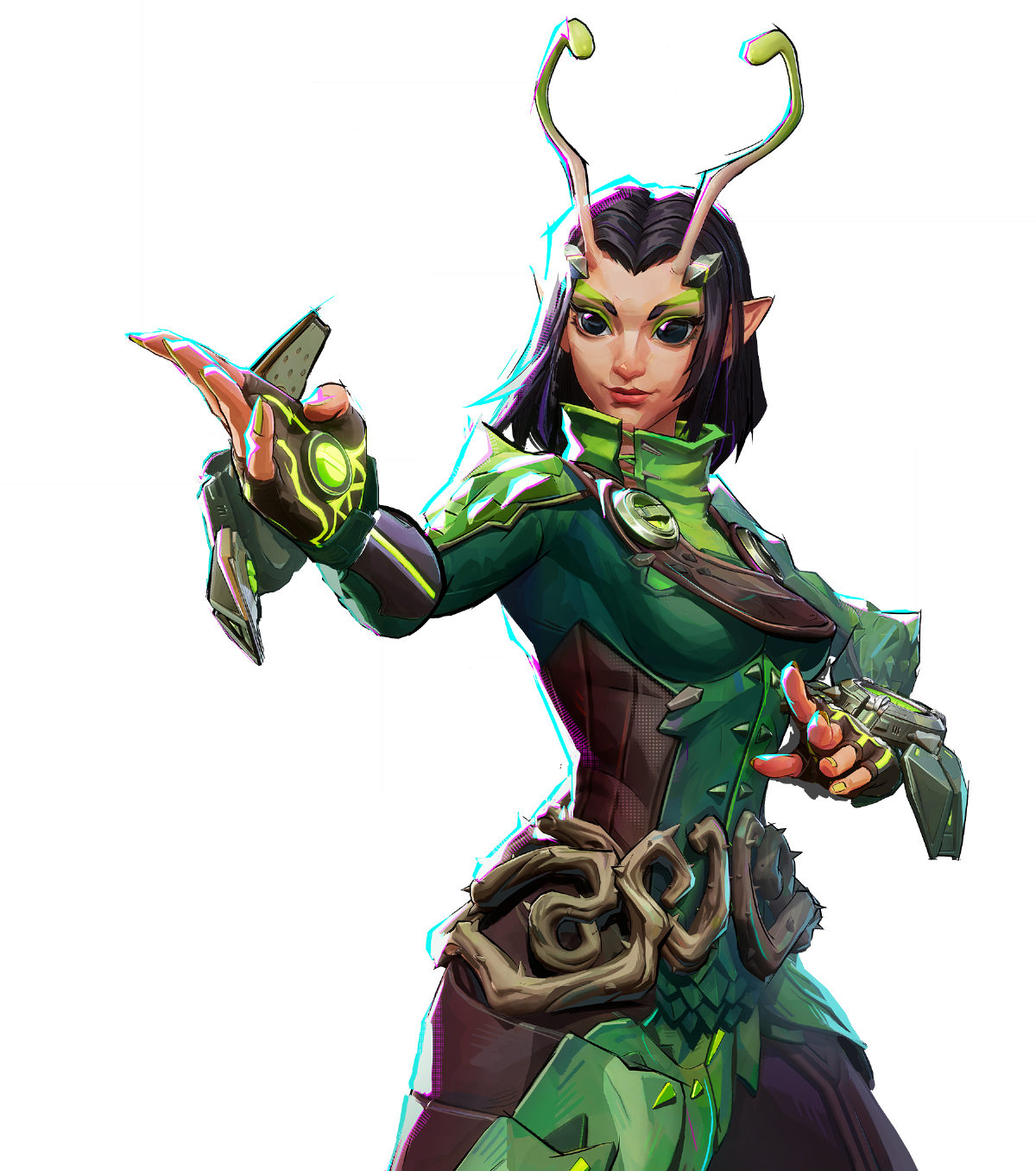 the image shows a female fantasy character against a black background. she has elflike ears and antennae. she is wearing a green outfit with brown accents, including armor, gloves, and a belt.