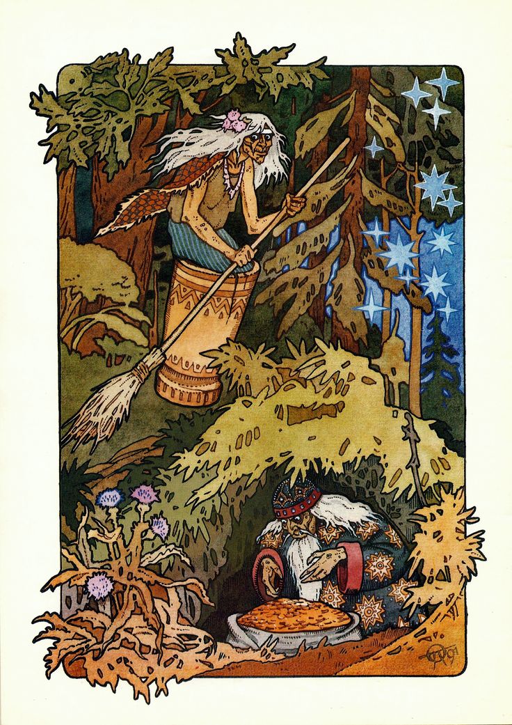 the image is a vibrant and detailed illustration, likely in the style of ivan bilibin, depicting a scene from a russian fairytale.  it features two central figures: a baba yagalike figure riding a broomstick through the air amidst a starry night sky and a bearded, cloaked wizard tending to a cauldron of bubbling, orange liquid inside a hidden forest dwelling. the style is evocative of  art nouveau and russian folk art, using strong lines, rich colors, and highly stylized natural elements such as trees, plants (possibly medicinal herbs), and the texture of the earth. the overall atmosphere is one of magic and mystery, hinting at a story involving witchcraft or potions. the baba yaga figure adds a sense of movement and energy to the scene, contrasting with the quieter, contemplative wizard. the background is a dark, mysterious forest, further enhancing the magical setting. the fine detail and careful rendering of textures indicate a high level of artistic skill.