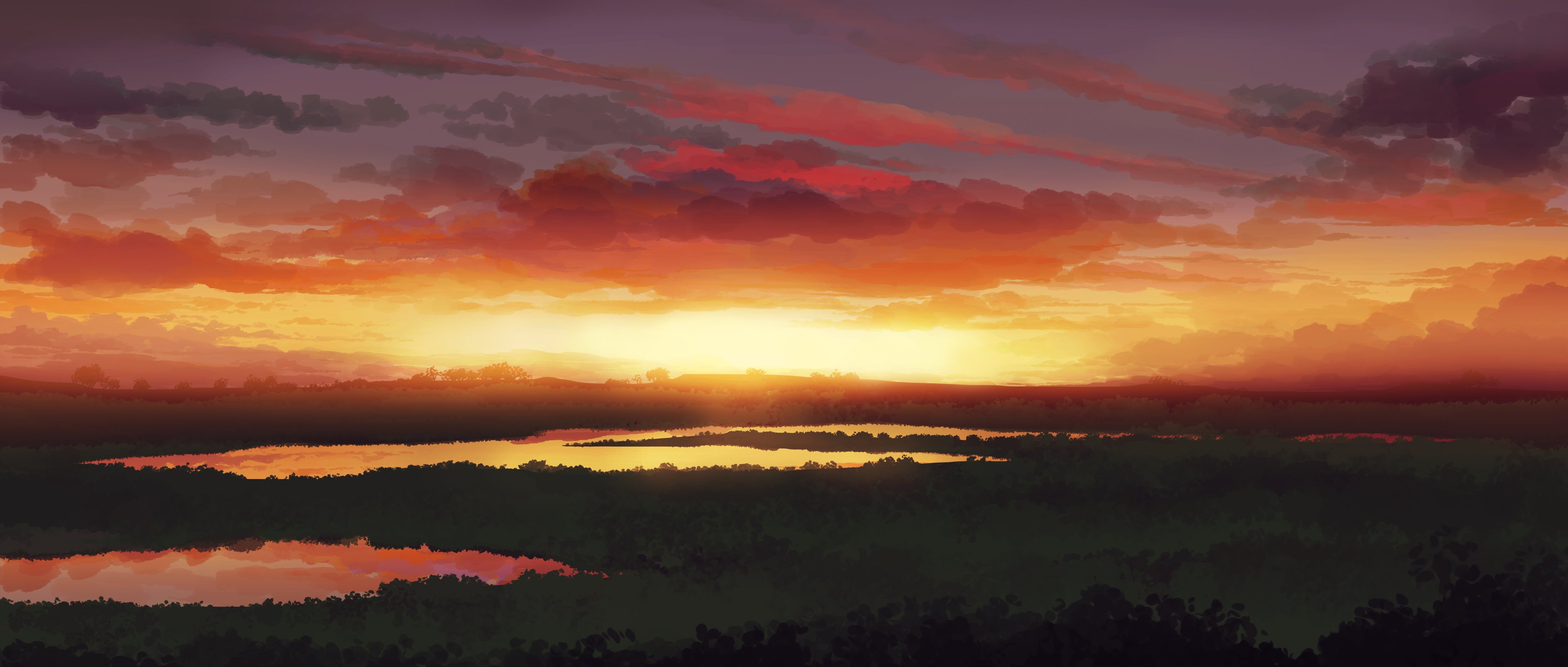 the image showcases a breathtaking sunset over a tranquil landscape. the sky is ablaze with vibrant hues of orange, red, and yellow, with layers of clouds adding depth and texture.  below, a serene river or lake meanders through a dark, forested area, its surface reflecting the fiery colors of the sky. the overall atmosphere is one of peace, tranquility, and natural beauty. the scene is depicted with a painterly style, using soft brushstrokes to create a sense of depth and atmosphere.