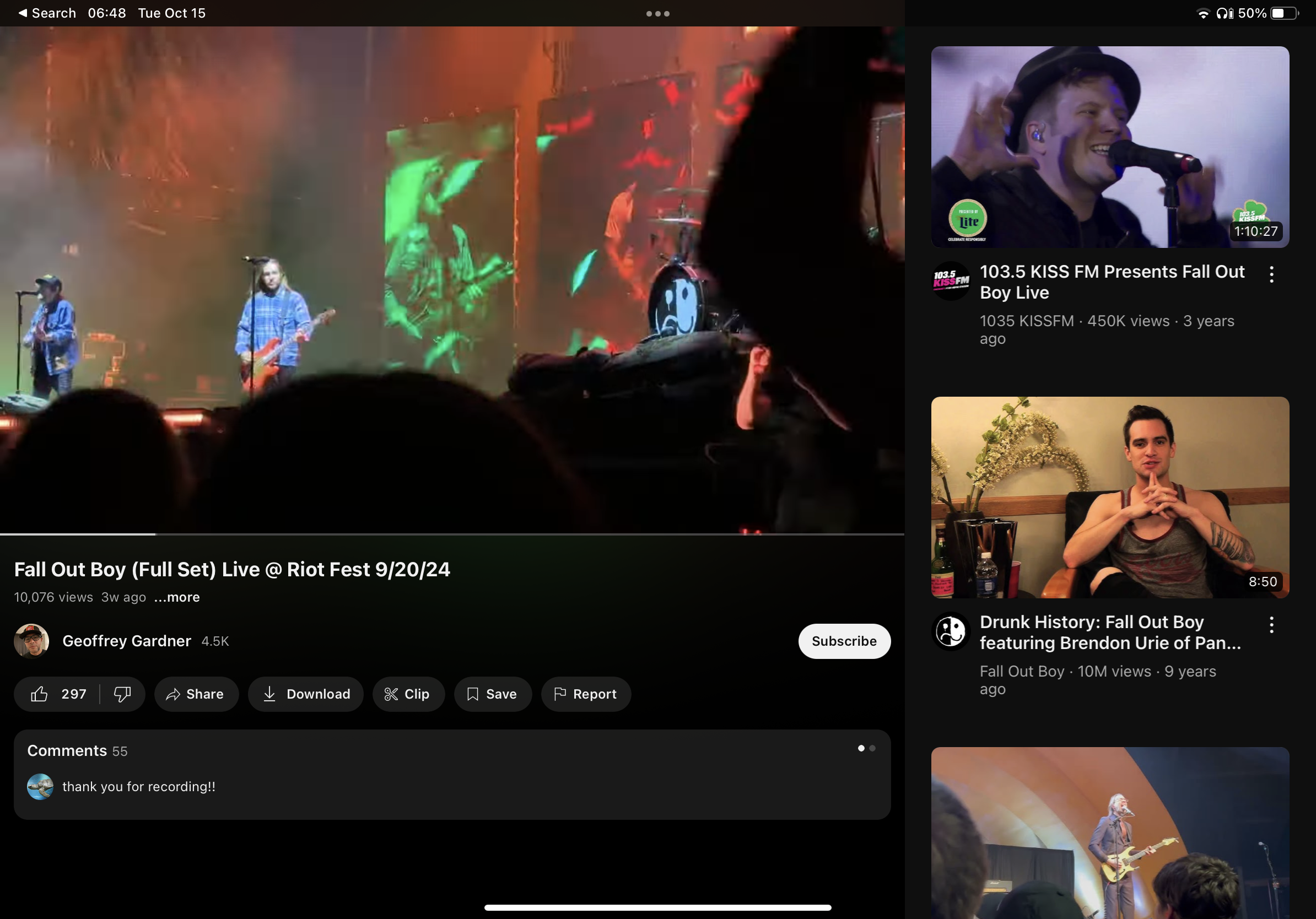 this image shows a screenshot of a youtube video of fall out boy's full set at riot fest 2024. the video is playing and the screen shows the band performing on stage, with the crowd in the background.  the screen also includes a "subscribe" button and a description of the video.  beneath the video, there are comments from viewers.  there are two other videos playing on the right side of the screen. the top one is a video of fall out boy performing live on 103.5 kiss fm, and the bottom video is from a drunk history episode featuring fall out boy and brendon urie of panic at the disco.