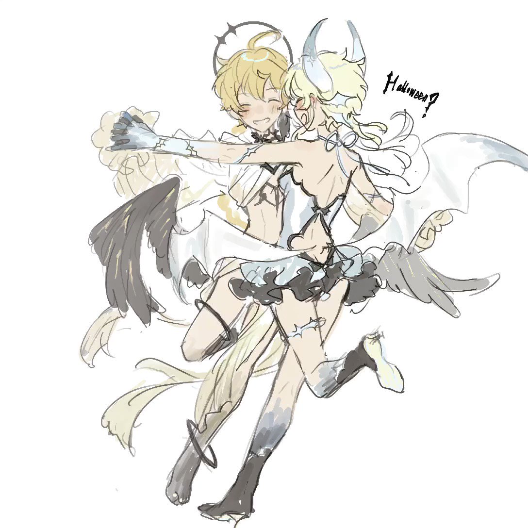 this is a drawing of two anime characters, a male angel and a female devil, dressed in costumes for halloween. the angel is wearing a white halo and a white robe, while the devil has black horns and a black dress with wings. they are both smiling and holding onto each other. the drawing is done in a rough, sketchy style. it is a sweet and playful illustration that captures the joy of halloween.