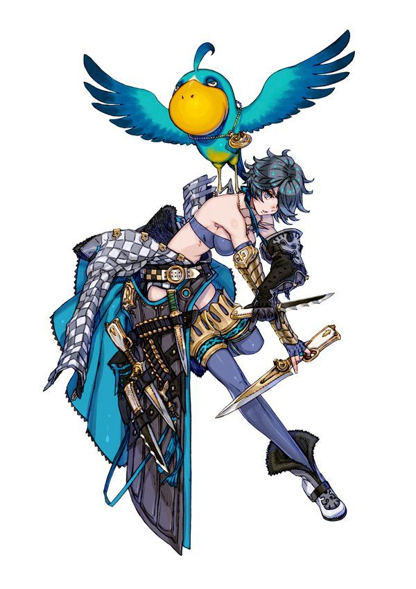 a female character in fantasy attire stands poised with an array of daggers, accompanied by a large blue and yellow parrot. she wears teal and black clothing accented with gold armor plating, and she has short blue hair. her expression is fierce and determined. the background is pure white.