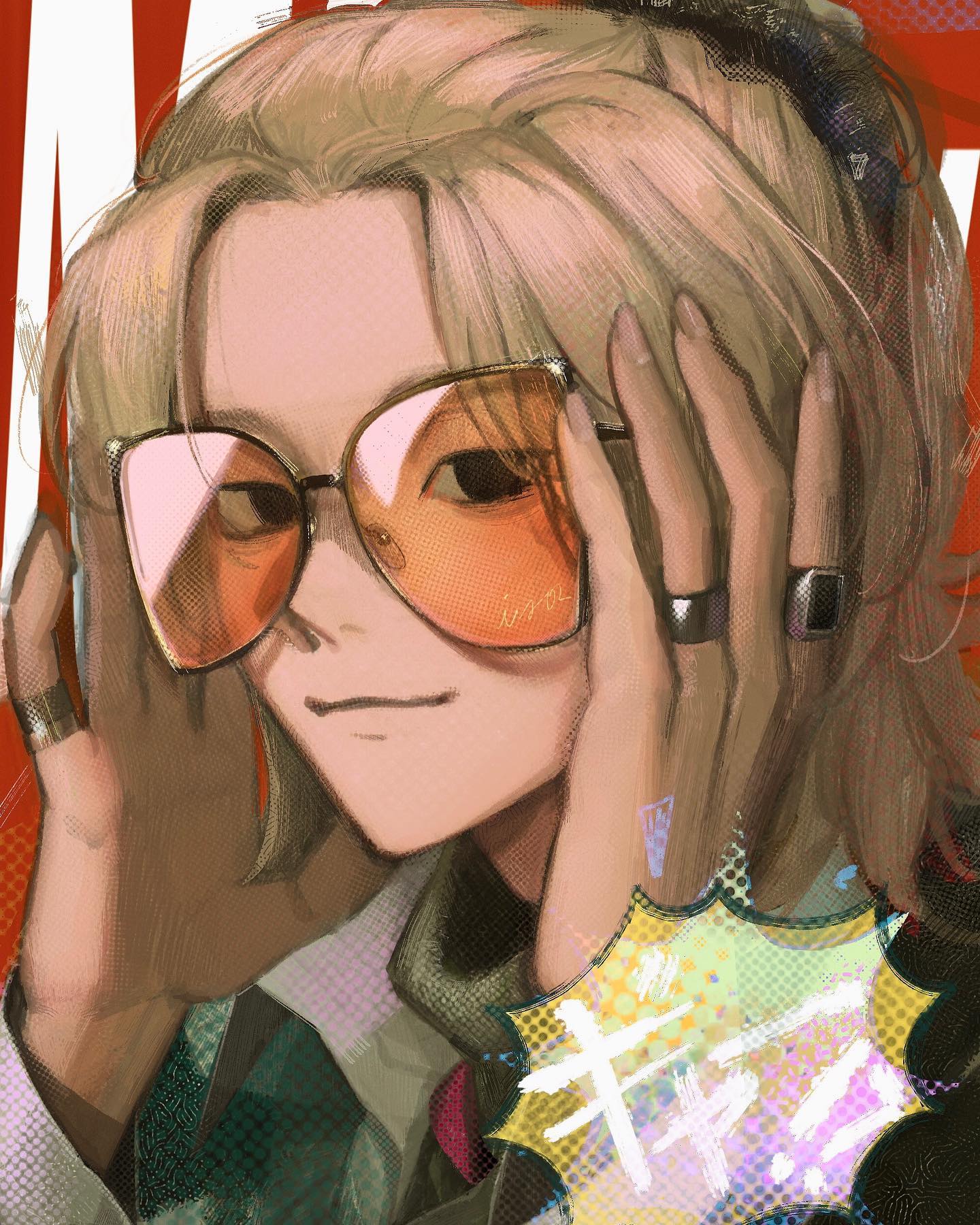 the image is a digital fanart depicting a stylized animestyle female character. she has long, blonde hair, is wearing large, orangetinted sunglasses, and is holding them with both hands near her face. she's dressed in a casual yet stylish outfit which seems to be a dark jacket or blazer over a lighter colored shirt. her expression is a confident, almost smirking look. the background features a red and white section that looks like a magazine cover or graphic, and a vibrant, comic book style burst near her shoulder. the art style is characterized by a painterly, slightly rough texture, giving it a modern, less polished feel. the overall impression is one of cool, stylish confidence.