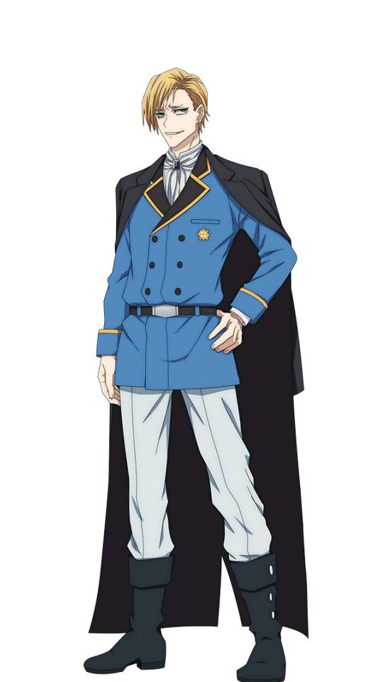 this is a digital illustration of a male anime character standing in a confident pose. he has blond hair, blue eyes, and is wearing a blue coat with a black cloak, white pants, and black boots. he has a serious expression on his face.