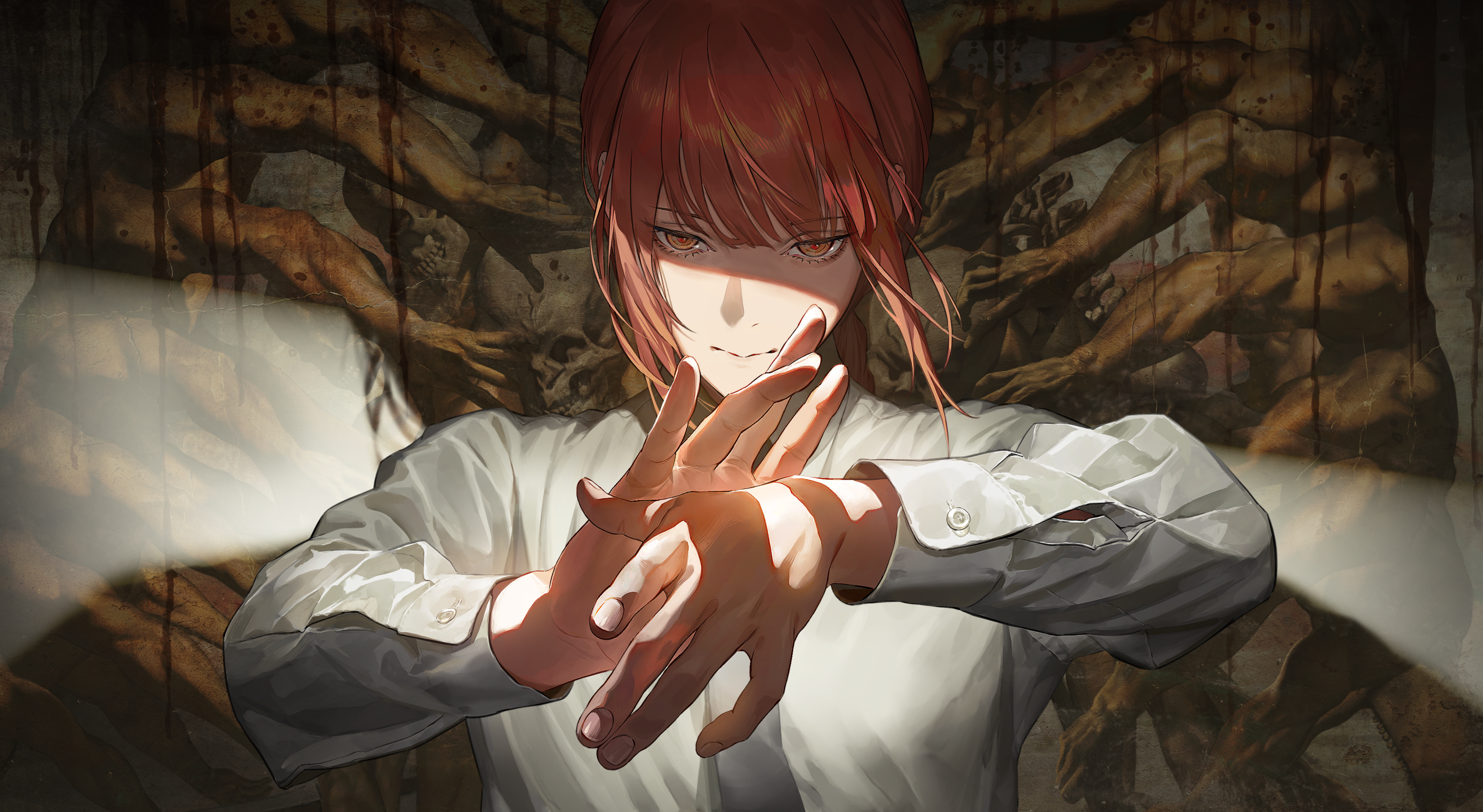 the image is a digital painting or illustration in a realistic anime style. it depicts a young woman with long, bright red hair and bangs, who has a serious, almost menacing expression on her face. she's wearing a lightgrey, longsleeved buttonup shirt and is holding her hands in front of her, making a gesture that suggests stopping or warning.  the background features a blurry, almost ethereal painting of numerous muscular, bloody figures. the contrast between the woman's sharp features and the background's disturbing imagery creates a strong sense of unease and mystery. the lighting is dramatic, highlighting the woman while leaving the background in shadow and emphasizing the bloody details.  the overall mood is dark, suspenseful, and slightly horrifying.