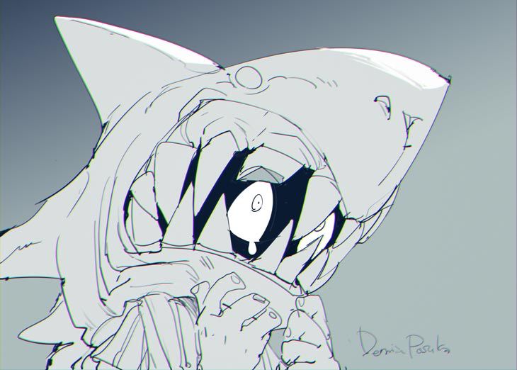 this is a digital sketch of a monstrous creature with a shark head and a humanoid body. its mouth is open, showing sharp teeth, and its eyes are wide with fear. the creature is drawn in a dark and ominous style. the image is full of shadows and darkness, creating a sense of unease and dread.