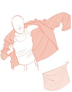 a line drawing of a female figure from the waist up is shown putting on or taking off a jacket.  the jacket is colored with a light peach color and the figure is rendered in white. the lines of the drawing are a light peach color.  a rectangle below the figure shows the jacket off to the side, as if it has been removed.