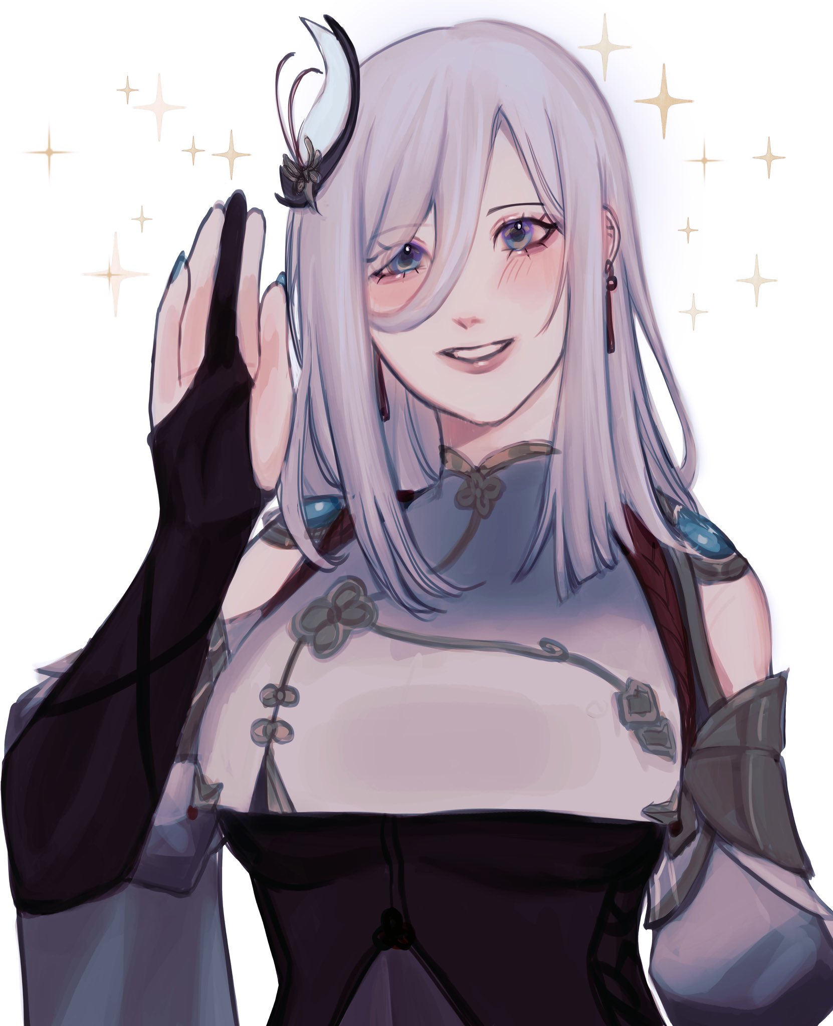 the image is a digital illustration of an anime girl with white hair and blue eyes. she is wearing a black and white dress with blue accessories and black gloves. she is smiling and waving, and there are sparkling lights behind her. the image is in a fantasy style and the girl looks friendly and happy.