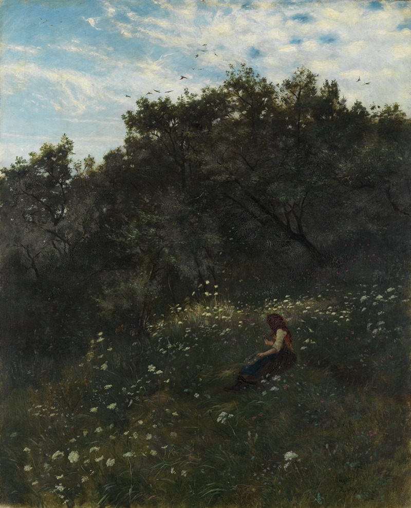 the painting depicts a woman seated in a field of wildflowers at the edge of a dark forest. the sky is visible above the trees, with clouds and birds flying. the woman is wearing a red scarf and appears to be resting or contemplating nature. the scene is bathed in natural daylight, creating a peaceful and solitary atmosphere. the painting style is reminiscent of impressionism, with loose brushstrokes and a focus on capturing light and atmosphere.